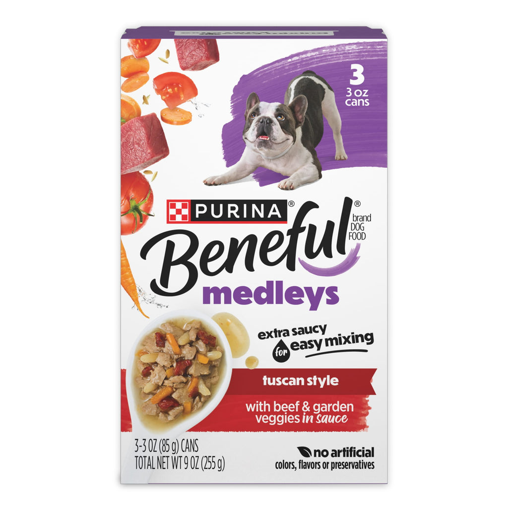 (4 pack) Purina Beneful Medleys Tuscan Style Wet Dog Food with Beef, Carrots, Tomatoes, and Rice in Dog Gravy, 3 Pack