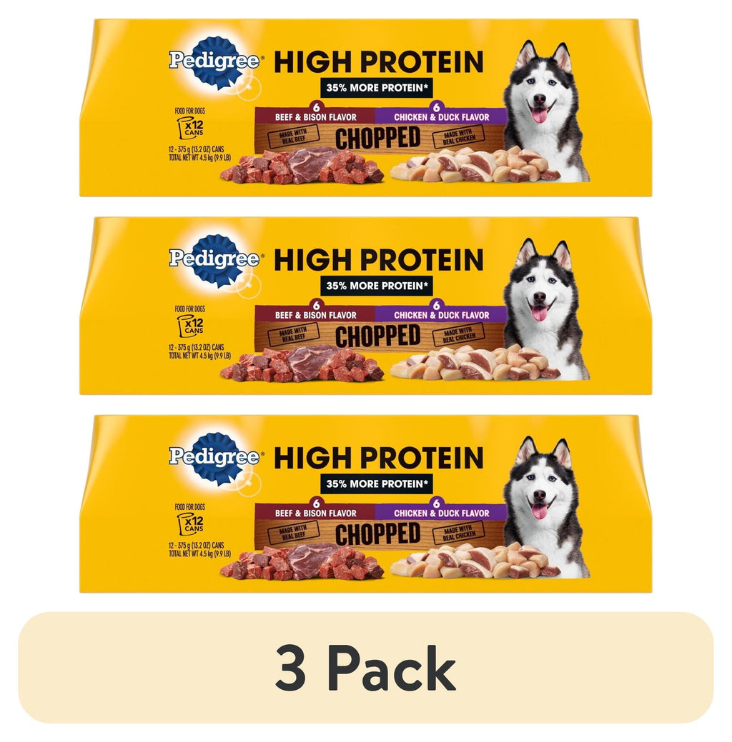(3 pack) Pedigree High Protein Wet Dog Food, Chicken Duck & Beef Bison Flavors Multipack (12) 13.2 Oz. Cans