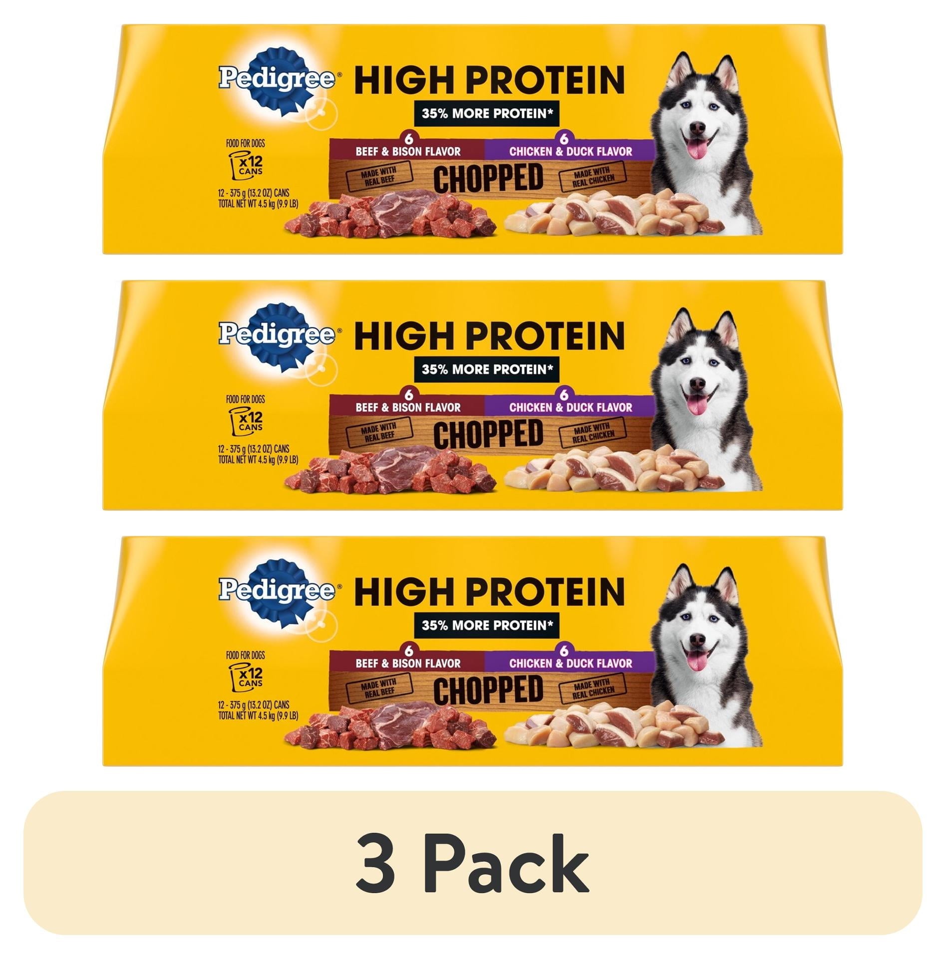 (3 pack) Pedigree High Protein Wet Dog Food, Chicken Duck & Beef Bison Flavors Multipack (12) 13.2 Oz. Cans