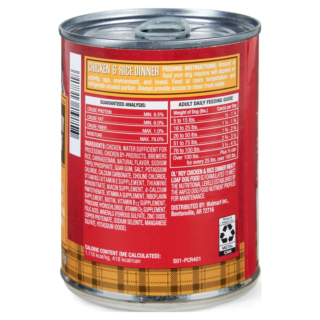 (4 pack) Ol' Roy Chicken & Rice Dinner Meaty Loaf Wet Dog Food, 13.2 oz Can