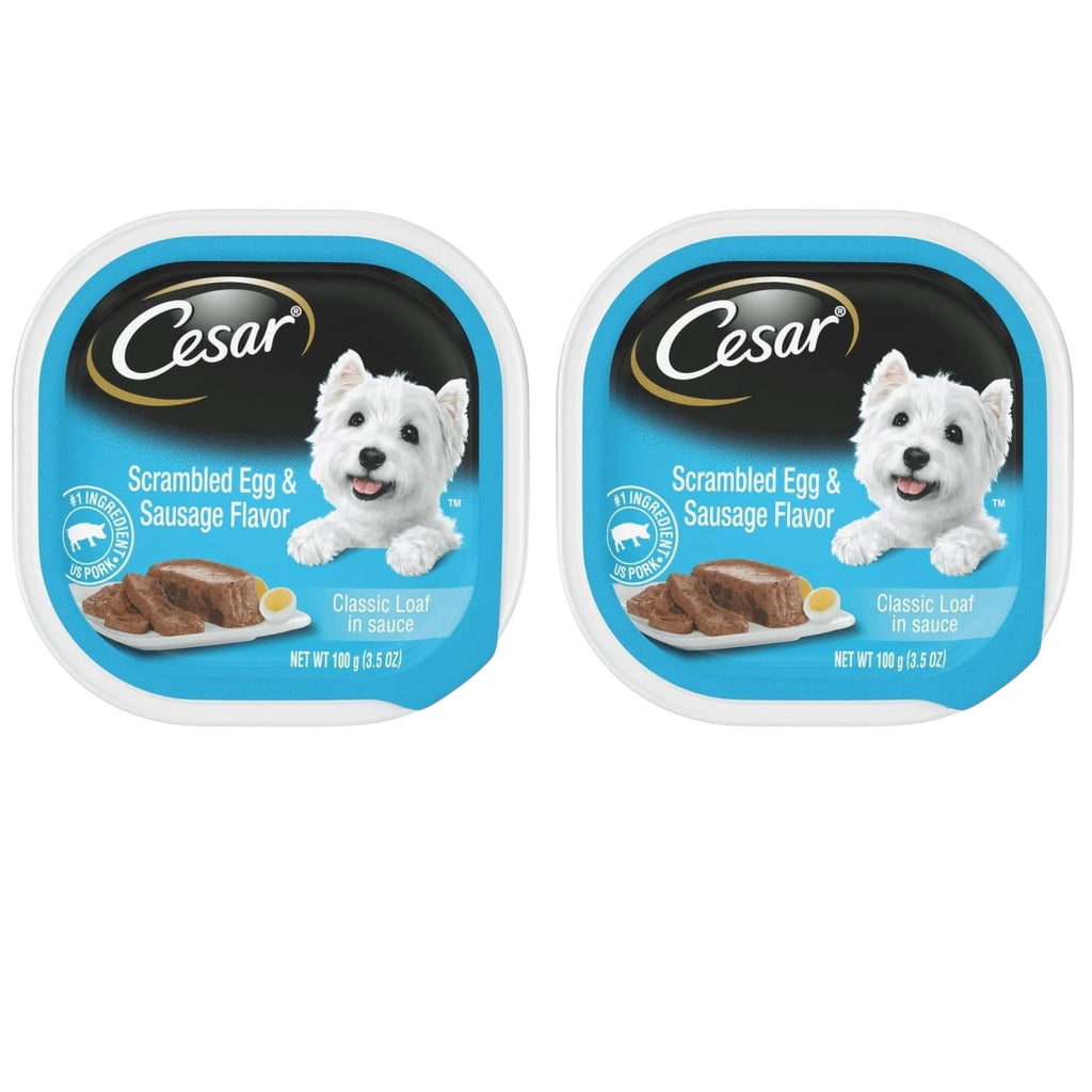( 2 Pack) CESAR Soft Wet Dog Food Classic Loaf in Sauce Scrambled Egg & Sausage Flavor, 3.5 oz. Easy Peel Tray