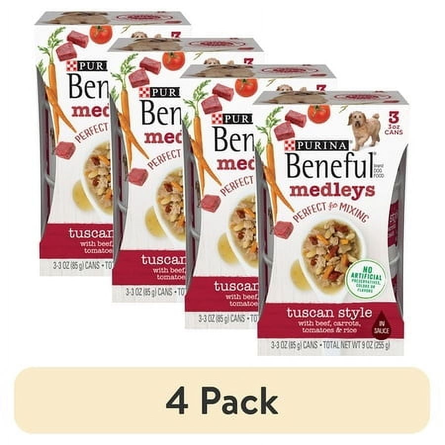 (4 pack) Purina Beneful Medleys Tuscan Style Wet Dog Food with Beef, Carrots, Tomatoes, and Rice in Dog Gravy, 3 Pack