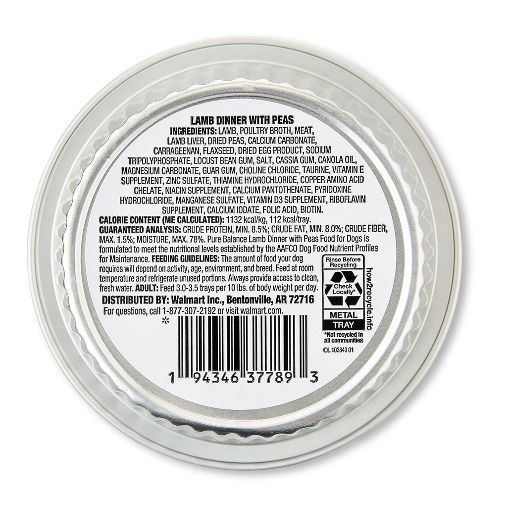 Pure Balance Lamb Dinner with Peas, Grain Free, Wet Dog Food, 3.5 oz Tray