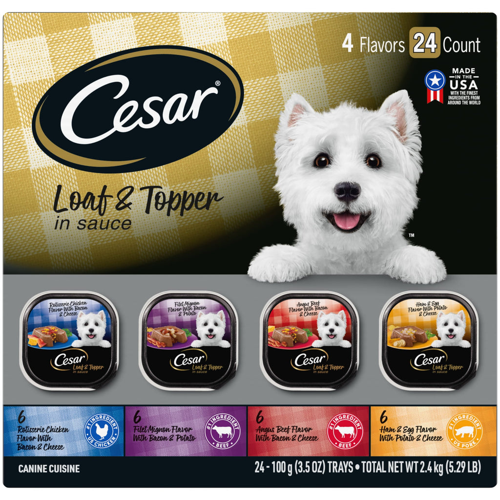 Cesar Loaf And Topper In Sauce Wet Dog Food Variety Pack, 3.5 Oz Trays (24 Pack)