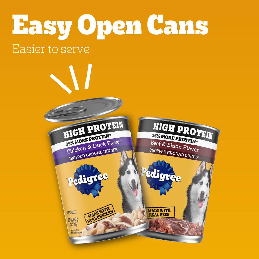 (3 pack) Pedigree High Protein Wet Dog Food, Chicken Duck & Beef Bison Flavors Multipack (12) 13.2 Oz. Cans