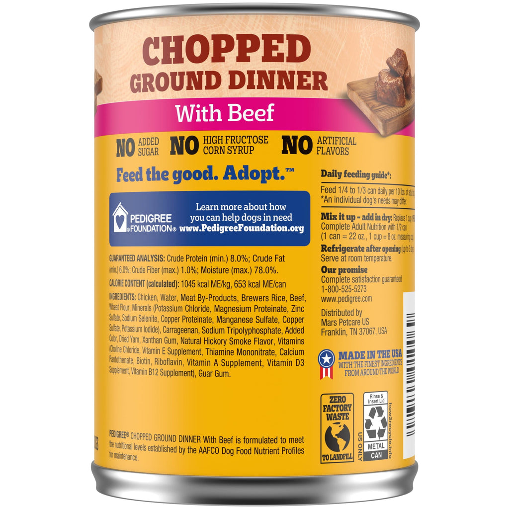 Pedigree Chopped Ground Dinner Adult Canned Wet Dog Food With Beef, 22 Oz. Can