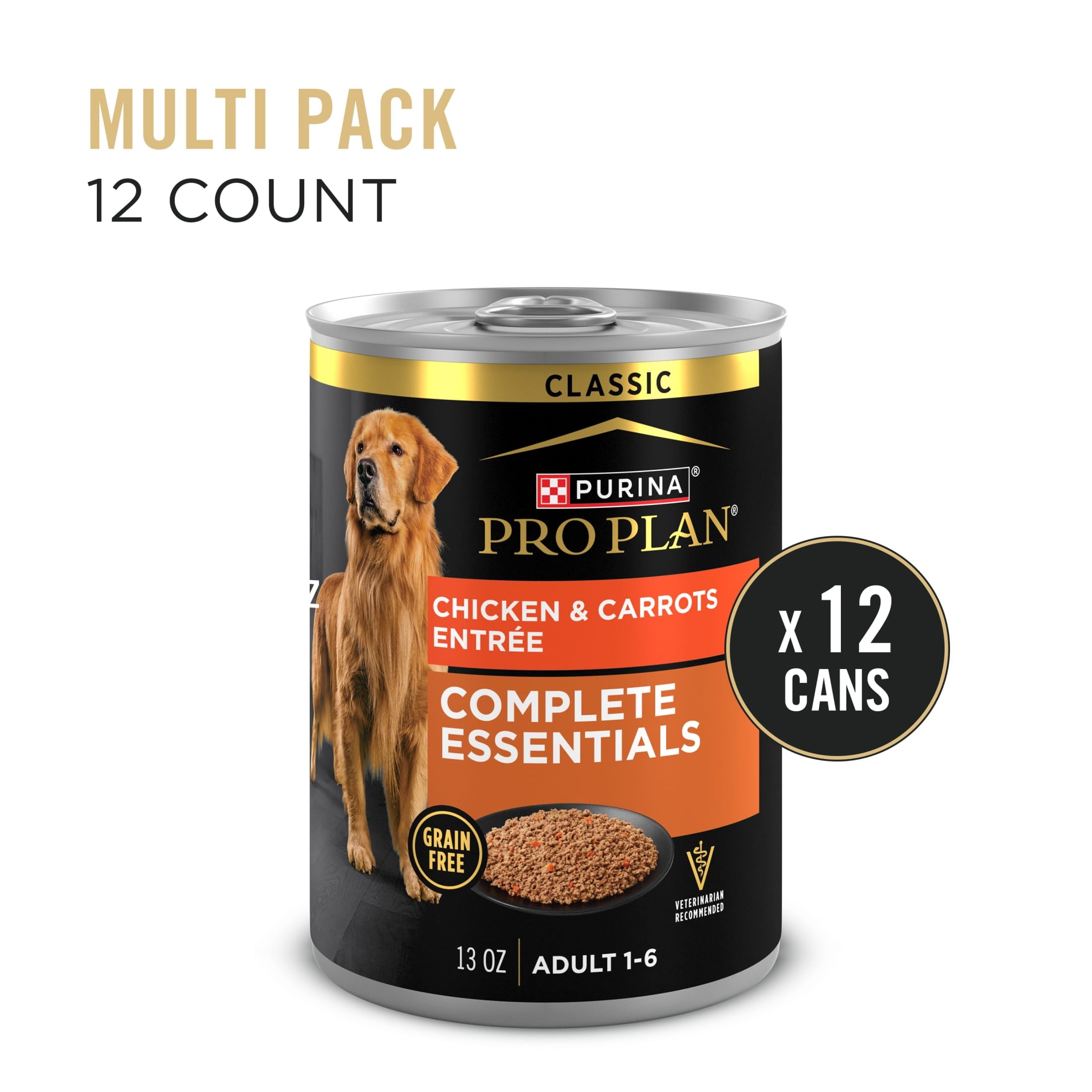 Purina Pro Plan Grain Free Complete Essentials Classic Dog Food Pate, Chicken and Carrots Entrée, 13 oz Cans (12 Pack)
