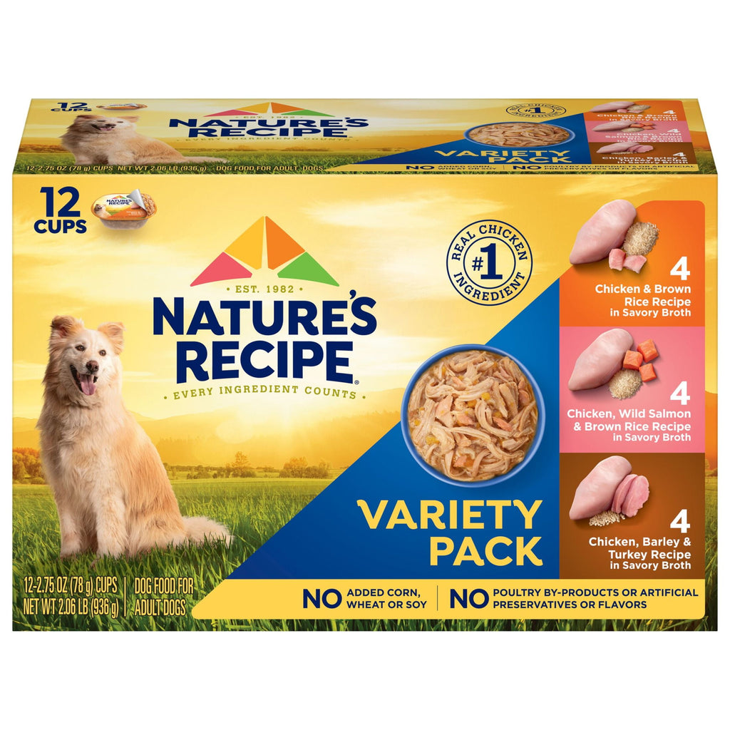 Nature’s Recipe Chicken, Salmon and Turkey Recipes Variety Pack Wet Dog Food, 2.75 oz. Cup, 12 Count