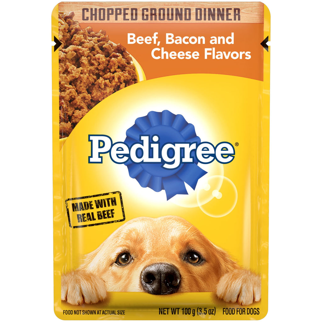 Pedigree Chopped Ground Dinner Beef, Bacon, And Cheeses Wet Dog Food, 3.5 Oz Pouch