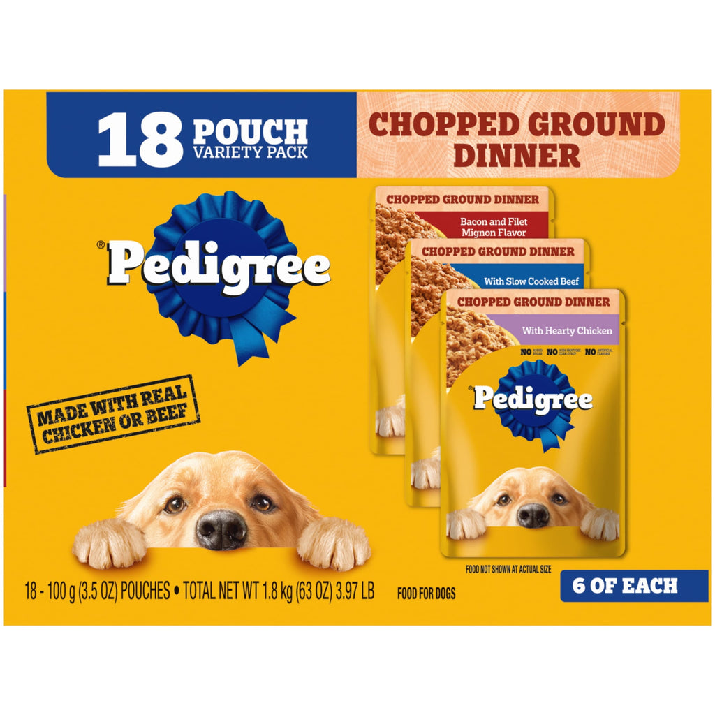 Pedigree Chopped Ground Dinner Dog Food Bacon Filet Mignon Variety Pack, 3.5 Oz. Pouches (18 Pack)