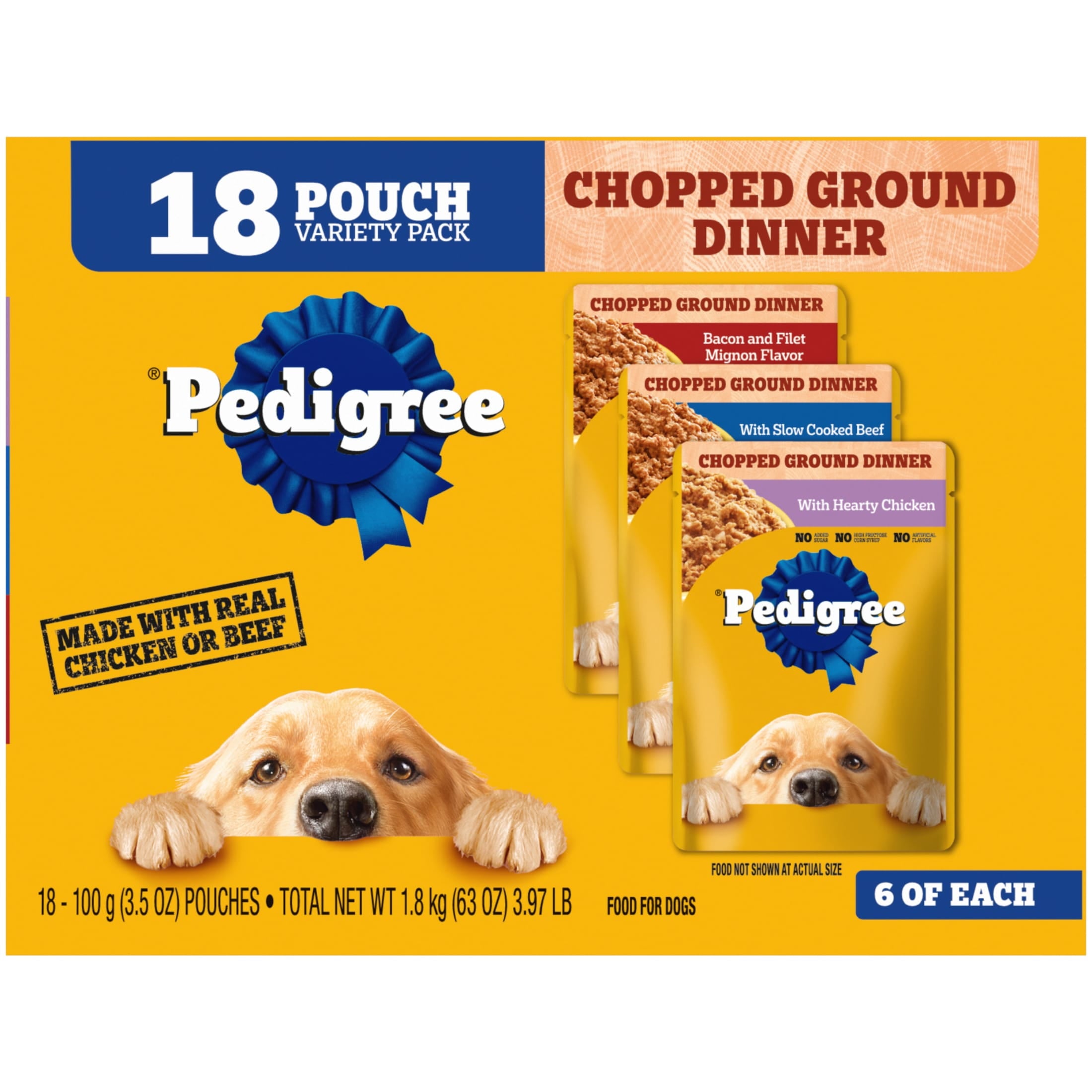 Pedigree Chopped Ground Dinner Dog Food Bacon Filet Mignon Variety Pack, 3.5 Oz. Pouches (18 Pack)