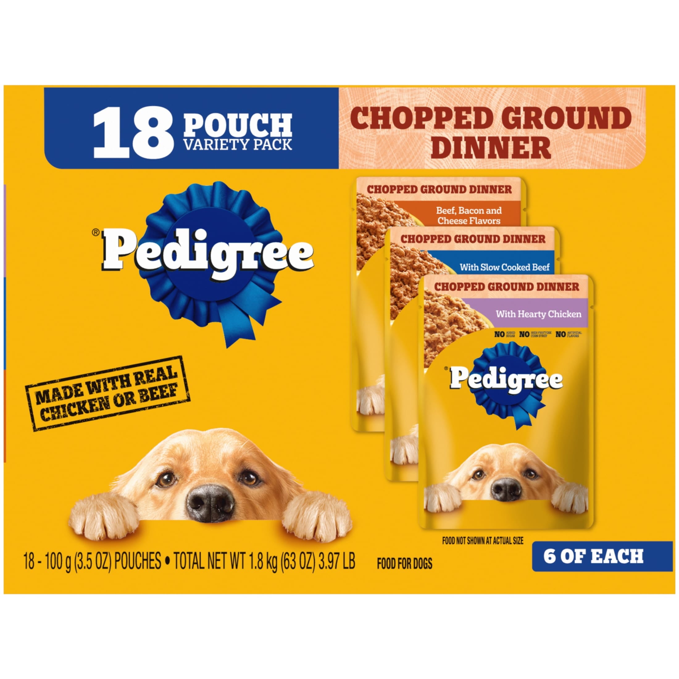 Pedigree Chopped Ground Dinner Adult Wet Dog Food Cheese Variety Pack, 3.5 Oz. Pouches (18 Pack)