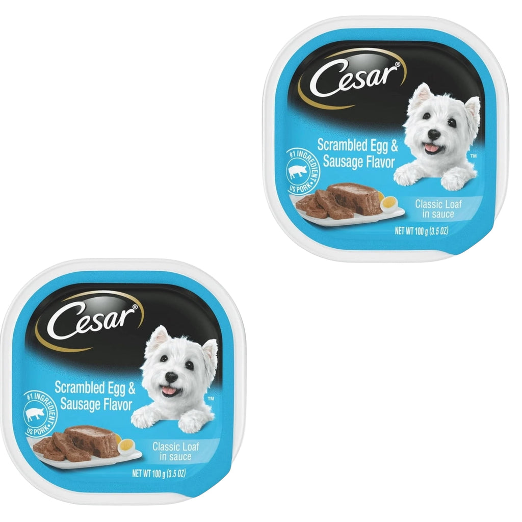 ( 2 Pack) CESAR Soft Wet Dog Food Classic Loaf in Sauce Scrambled Egg & Sausage Flavor, 3.5 oz. Easy Peel Tray