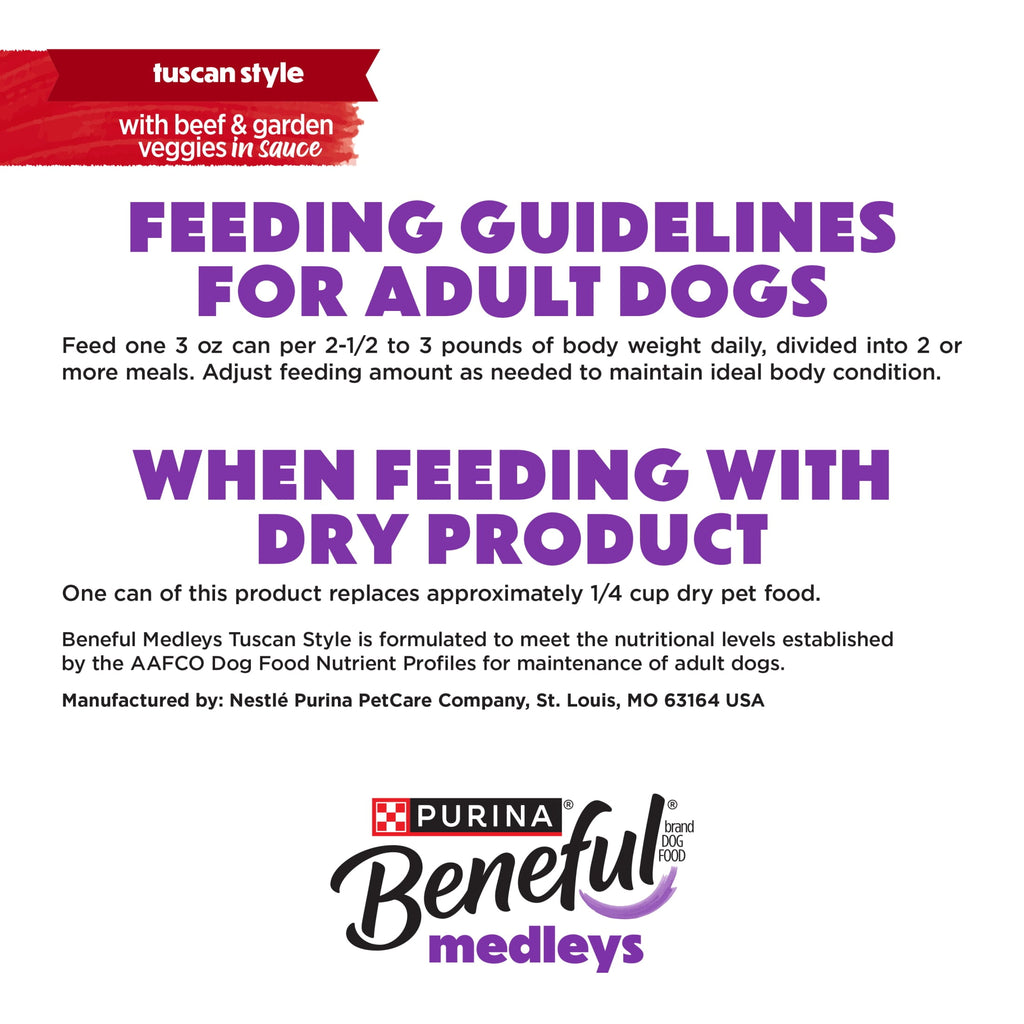 (4 pack) Purina Beneful Medleys Tuscan Style Wet Dog Food with Beef, Carrots, Tomatoes, and Rice in Dog Gravy, 3 Pack