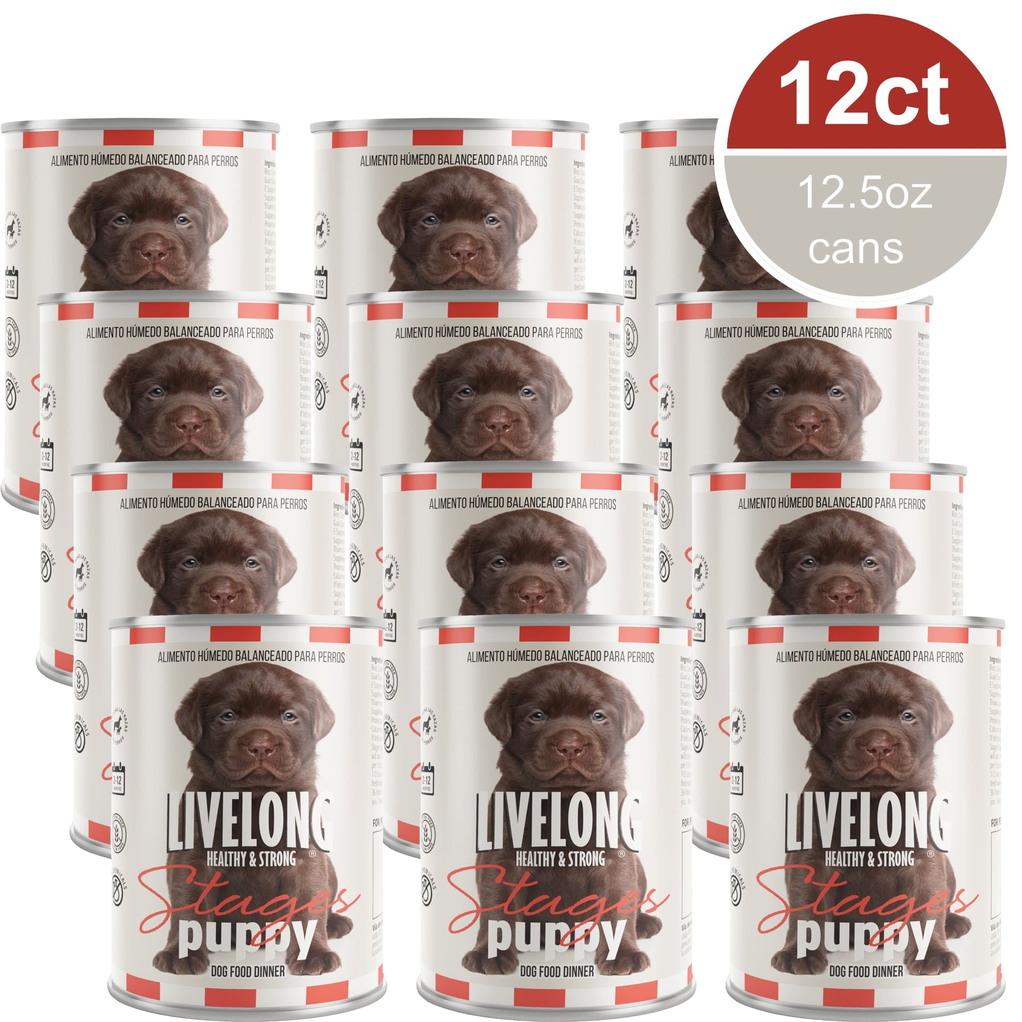 Livelong Healthy & Strong: 12 Pack: Stages Puppy - Chicken Meat, 12.5oz Cans, Wet Dog Food, High Protein, All Natural, No Preservatives,