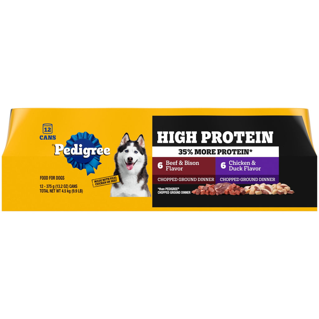 (3 pack) Pedigree High Protein Wet Dog Food, Chicken Duck & Beef Bison Flavors Multipack (12) 13.2 Oz. Cans
