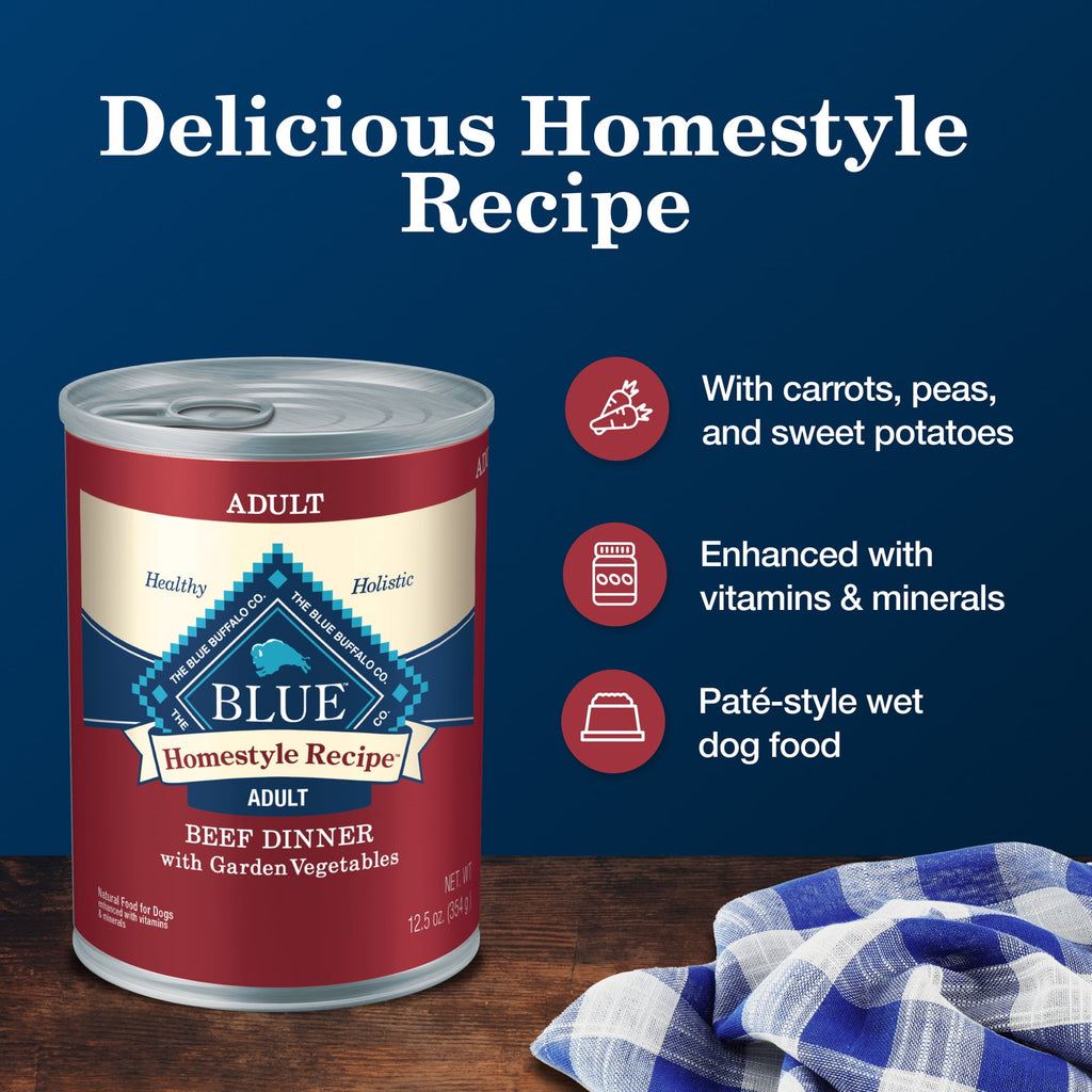 (3 pack) Blue Buffalo Homestyle Recipe Adult Wet Dog Food, Beef Dinner, 12.5-oz. Can