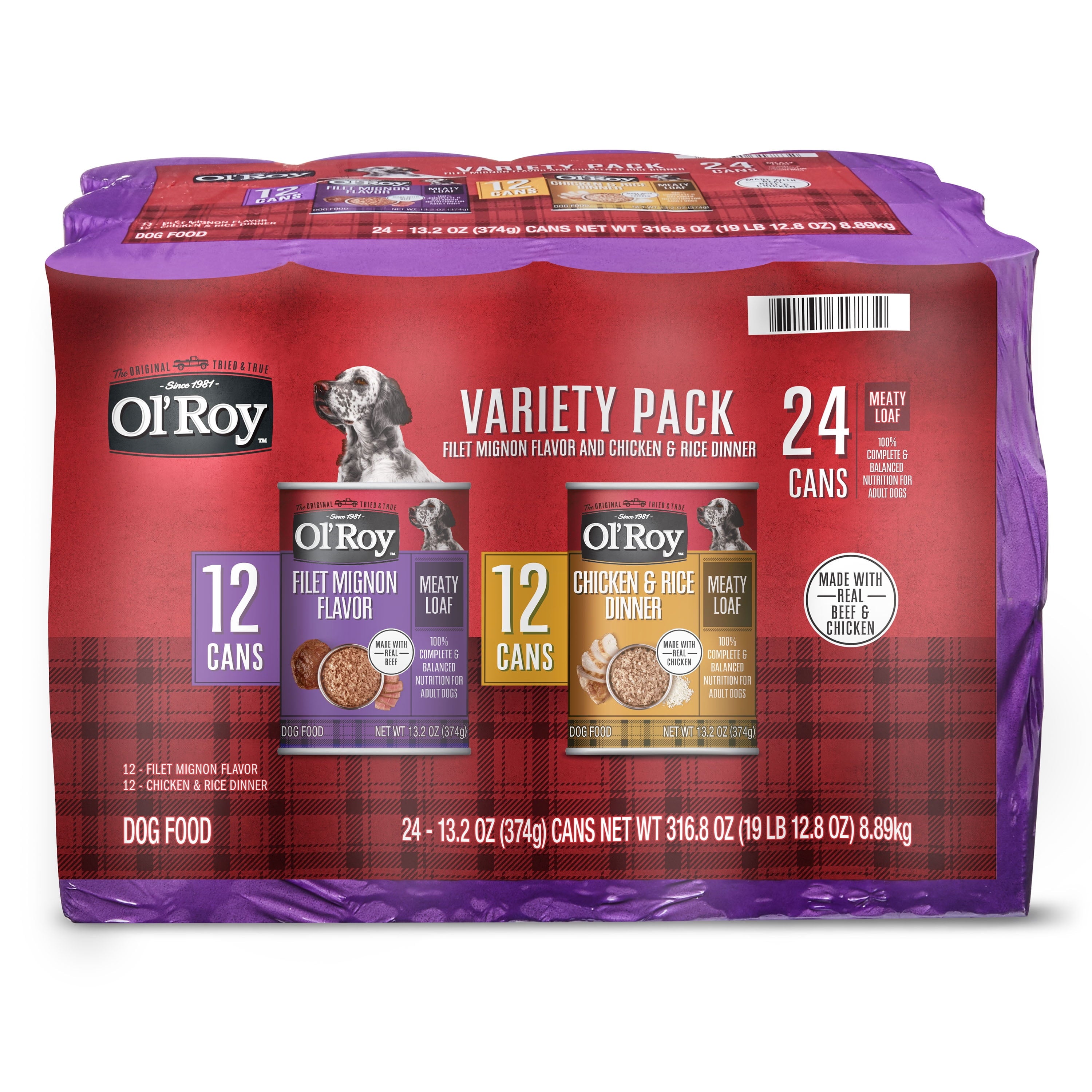 Ol' Roy Meaty Loaf Filet Mignon Flavor and Chicken and Rice Dinner Wet Dog Food Variety Pack, 13.2 oz, 24 Count